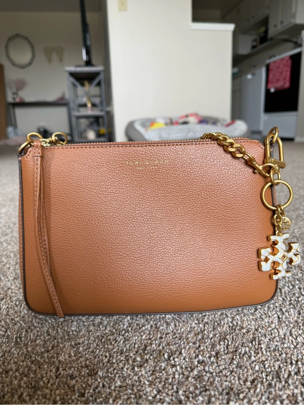 Tory Burch Brown Pebbled Leather Crossbody with Gold Chain